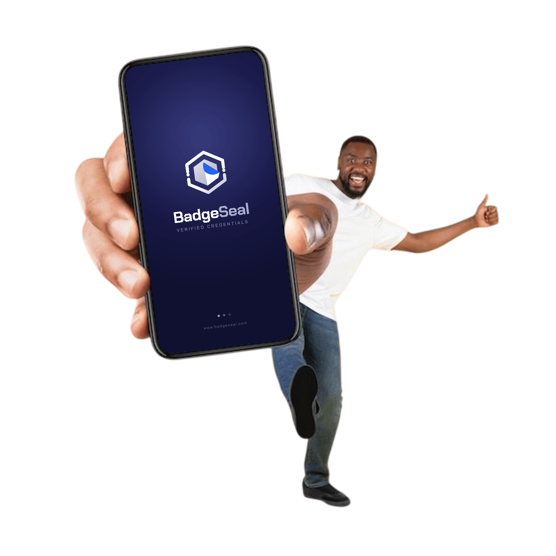A hand holding a phone displaying the BadgeSeal app's splash screen